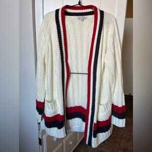 DAVI & DANI White Navy and Red Cardigan Sweater with Bold Stripes Medium NWOT